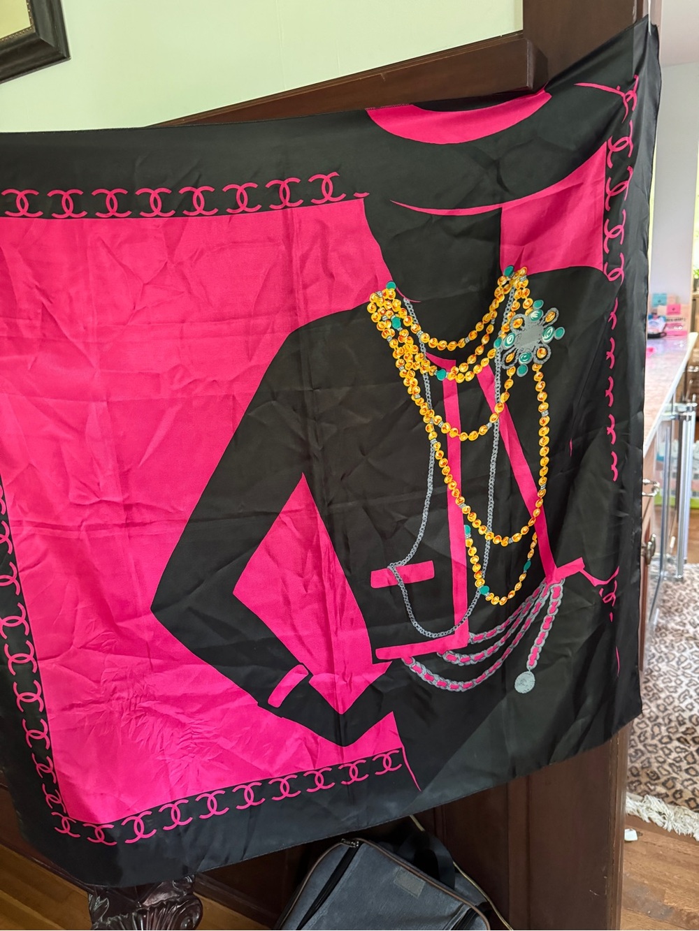 CHANEL Black and Hot Pink Silk Scarf with Chain Necklace Motif